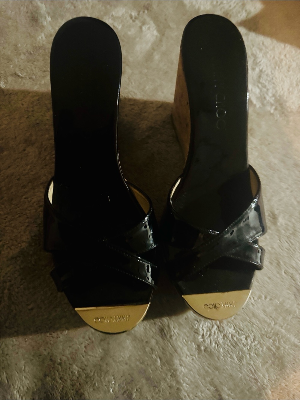Jimmy Choo Black Patent Leather Wedge Mules with Gold Toe Caps
